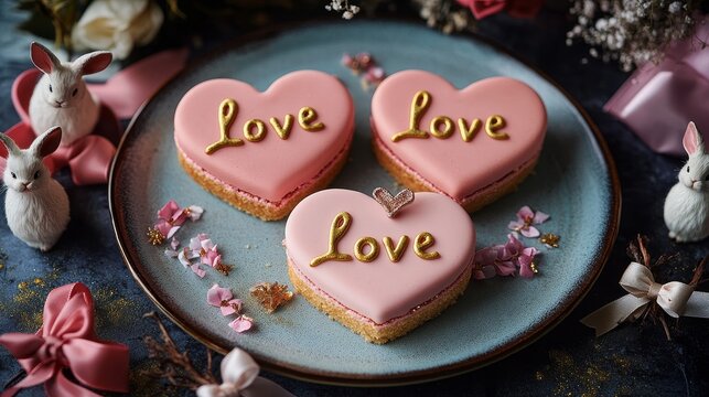 Fototapeta A close-up of a beautifully arranged plate featuring three artistic heart-shaped mousse cakes in soft pink hues, decorated with bows. Delicate golden "love" inscriptions and ceramic bunny figurines 