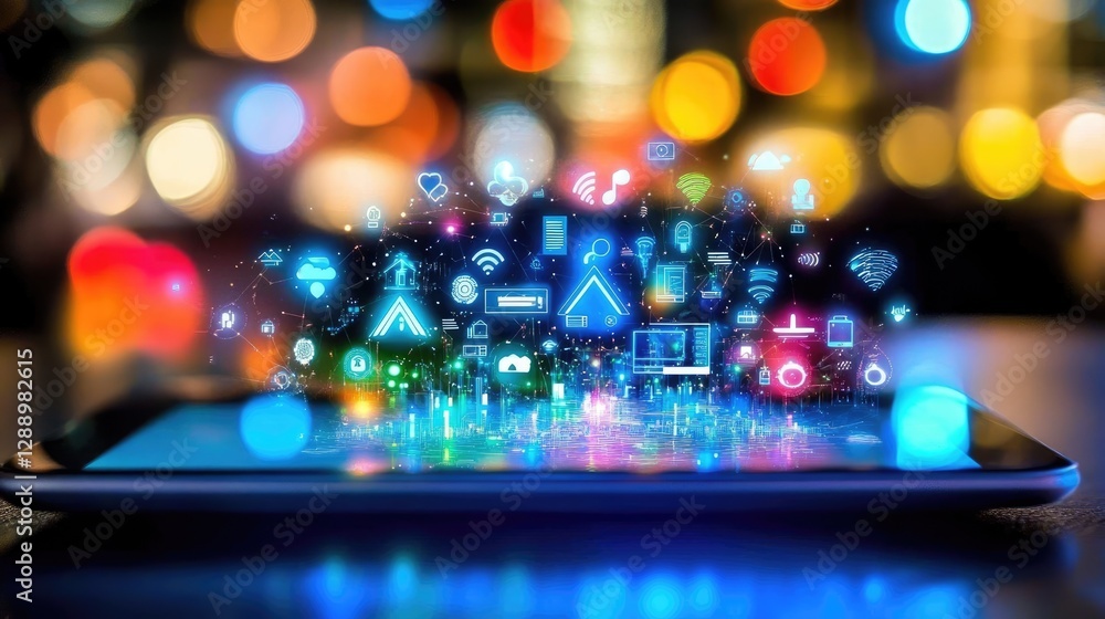 Poster colorful digital icons emanating from a tablet with bokeh background