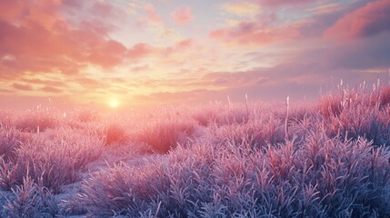 Fototapeta premium Frosty dawn landscape with vibrant colors and serene atmosphere over frozen grass and gentle hills in winter season