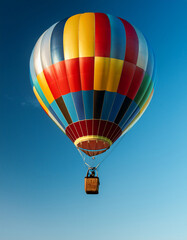 Naklejka premium Close-up de un globo aerostatico de colores volando aislado sobre un cielo azul símbolo de libertad, sueños, esperanza, superación y camino propio para marcas de viajes, motivación y creatividad