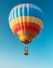 Fototapeta premium Close-up de un globo aerostatico de colores volando aislado sobre un cielo azul símbolo de libertad, sueños, esperanza, superación y camino propio para marcas de viajes, motivación y creatividad