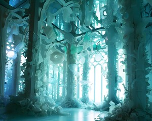 Illustration of A dreamy underwater palace made entirely of sculpted plastic waste, illuminated by soft, ambient light filtering through the water. Ai Generate.
