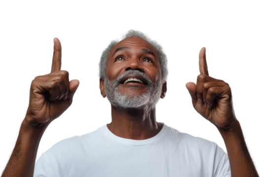 An elderly man of African-American appearance, smiling, looking, pointing his fingers up