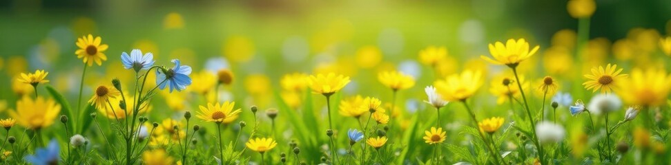 Obraz premium Sunny meadow with yellow and blue flowers blooming in the ground, wildflowers, field