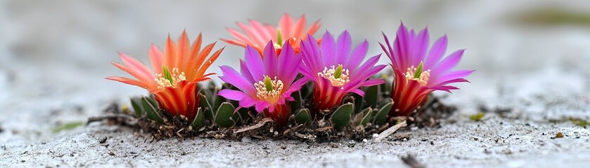 Obraz premium Desert cacti bloom, sandy ground background, nature photography, website banner