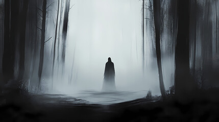 2d illustration of a shadowy figure emerging from fog, capturing the simple, haunting feel of horror in a minimalist style, symbolizing fear and mystery. Shadowy Figure in Fog. Illustration