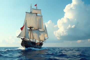 Frigate barque's sails fill with wind as it glides across the calm sea, frigate barque, sailing, clouds
