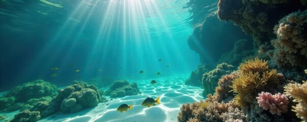 Fototapeta premium Descripci?n de una playa con vegetaci?n acu?tica y moluscos en el fondo, agua cristalina, peces