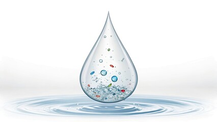 Fototapeta premium Abstract water droplet with colorful particles and ripples