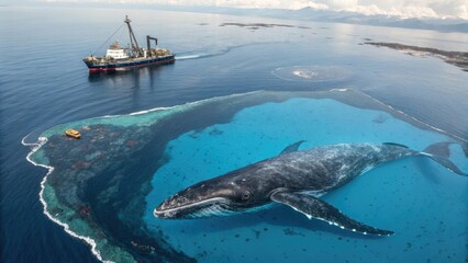 Fototapeta premium Majestic whale swimming near a research vessel in clear waters