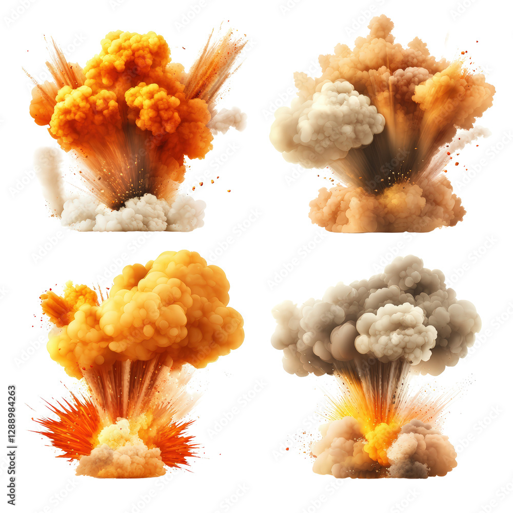 Poster four colorful explosions on black background creating an abstract visual display of energy and motio