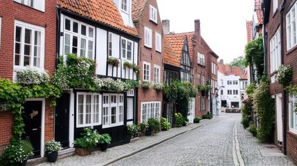 Naklejka premium Old Town Charm: A picturesque street winds through a row of charming historic houses, with traditional architecture, red-tiled roofs, and colorful facades, creating a serene atmosphere.