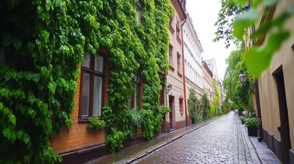 Obraz premium Charming Urban Alley: A picturesque cobblestone alley winding between buildings draped in lush green foliage, offering a serene escape and showcasing architectural beauty.