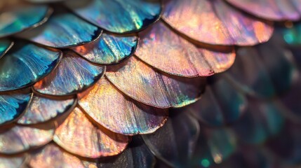 Obraz premium Detailed close-up of shimmering iridescent fish scales with golden and multicolored reflections, highlighting intricate natural patterns and texture. 