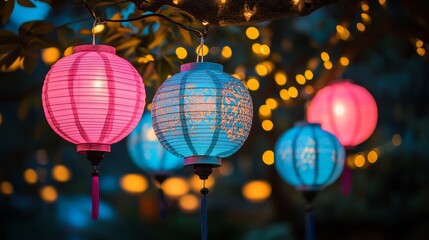 Fototapeta premium Close-up of vibrant pink and blue lanterns with intricate designs, beautifully illuminated during a traditional night festival celebration.
