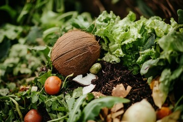 Compost Pile with Mixed Greens and Coconut - A vibrant compost pile teeming with life, showcasing mixed greens, a coconut, tomatoes, and soil. Symbolizing sustainability, growth, renewal, nourishment