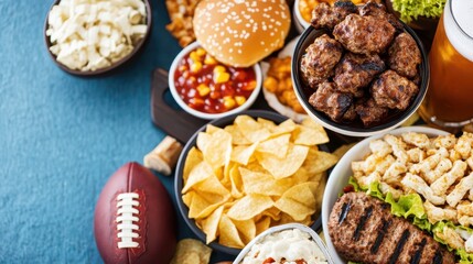 Game Day Feast: An array of savory snacks and refreshing drinks create a mouthwatering arrangement, perfectly capturing the essence of game day enjoyment.