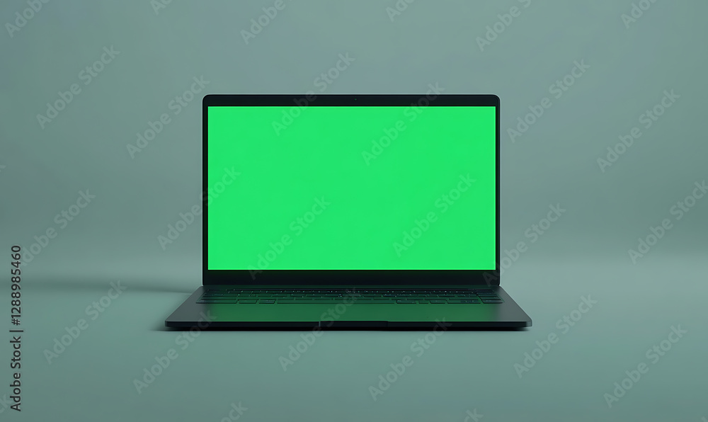Poster laptop with chroma key screen. the screen is bright green. the background is a consistent light-gree