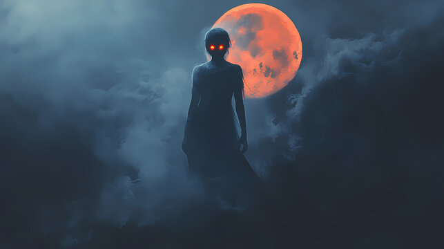 A shadowy figure with glowing red eyes emerging from the fog under a spooky pumpkin moon. Shadowy Figure in Fog. Illustration