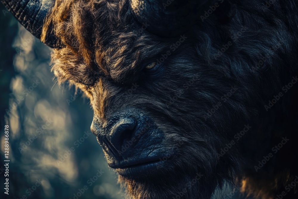 Poster Close up of a bison's face with a cloudy sky in the background
