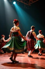folk dancers in traditional attire performing under stage lights. cultural festival or event. vibrant costumes, energetic movement. irish performance, st. patrick's day celebration.