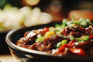 A close-up shot of a bowl of food on a table, suitable for use in cookbooks, recipe videos or blogs