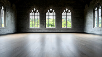 Fototapeta premium Spacious Empty Room with Gothic Windows and Wooden Floor