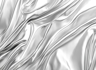 Silver satin fabric with folds and glossy reflective surface. Metallic silver background with shiny foil texture. Textile backdrop ideal for fashion, festive celebrations and stylish designs.