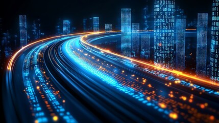 Futuristic highway data flow city night