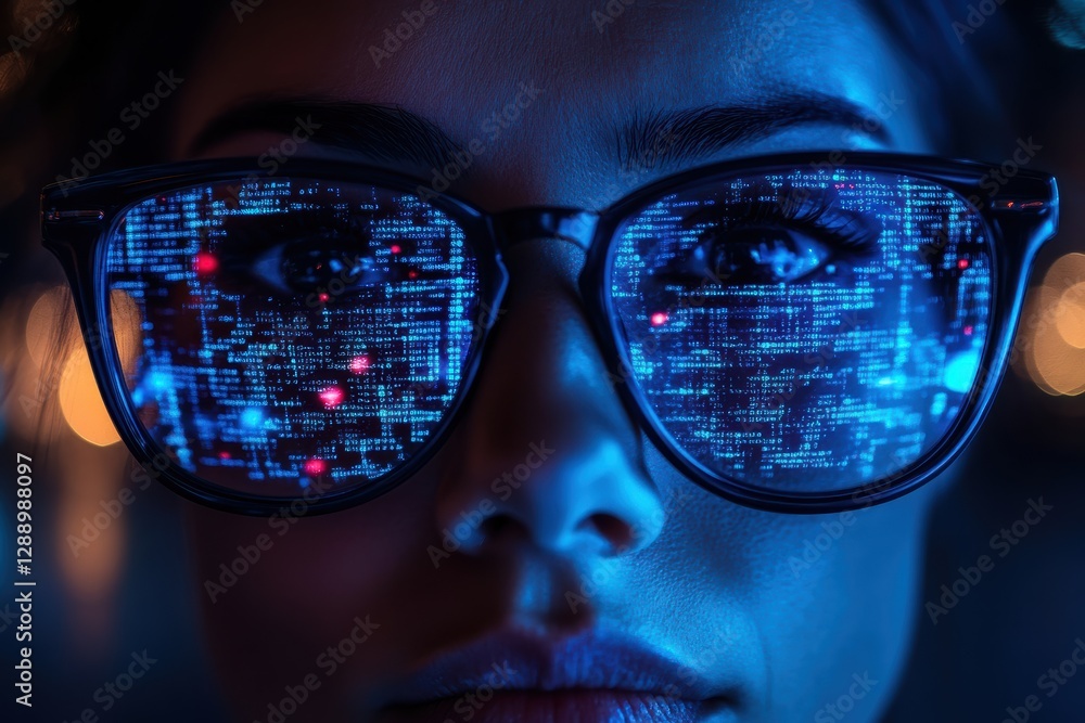 Poster programmers glasses show reflective code during late night coding session