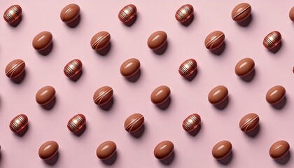 A charming festive pattern depicting a scattering of mini chocolate Easter eggs on a pastel pink canvas