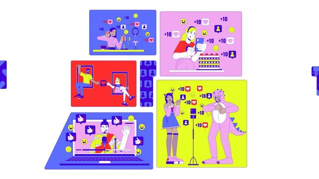 Social media influence and online engagement bento grid animation. Influencers internet fame, virtual likes collage motion 4K video web design. Animated cartoon characters collection mood board