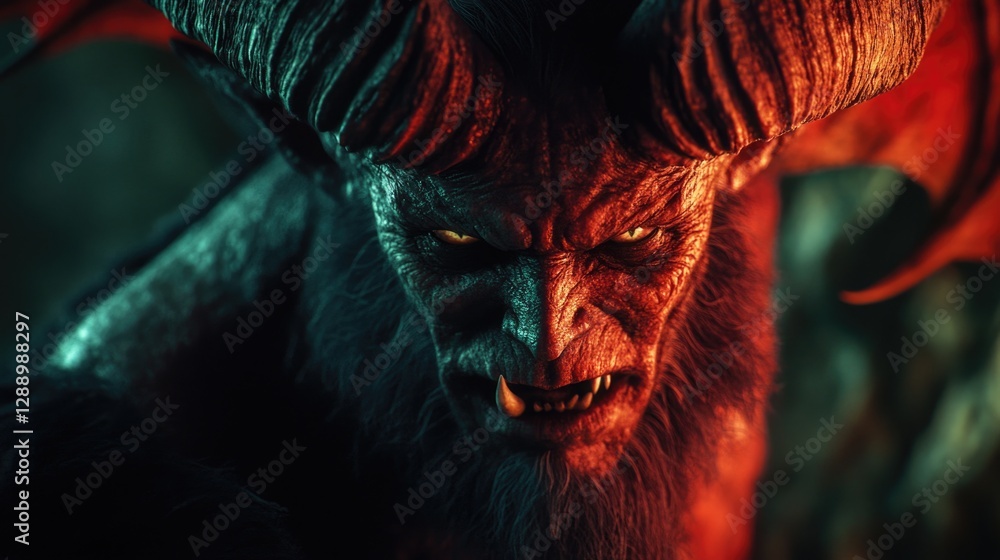 Poster A close-up shot of a demon with a glowing red light on its face, suitable for use in horror or fantasy contexts