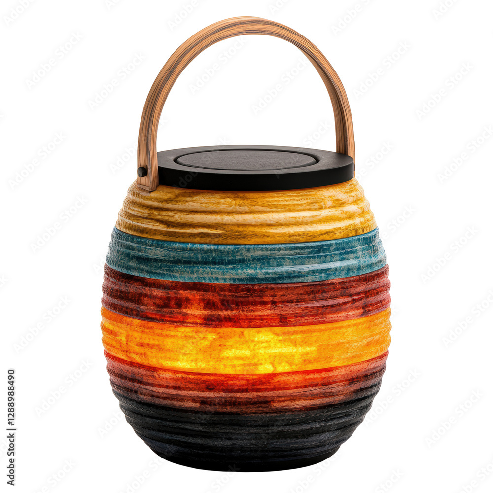 Poster colorful vase with a handle displaying vibrant floral arrangement on a wooden table isolated on tran