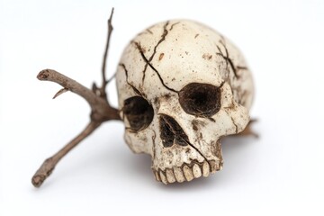 A white skull sits atop a tree branch, offering a spooky and eerie atmosphere