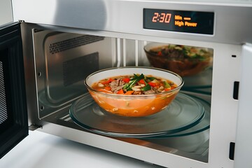 Stainless Steel Microwave Oven with Glass Bowl of Hearty Vegetable Soup 