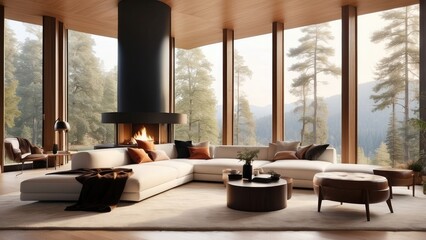 A modern living room with large floor-to-ceiling glass windows