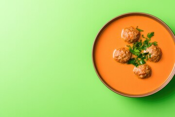 Creamy soup with meatballs garnished with fresh herbs on vibrant