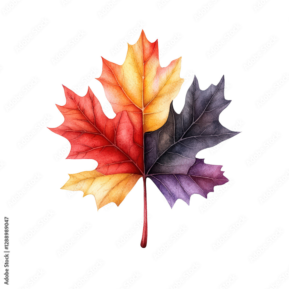 Aufkleber watercolor painting depicting a vibrant red maple leaf on a textured background with soft brush stro