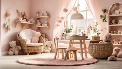 A minimalist children's playroom with a white round table surrounded by four white chairs