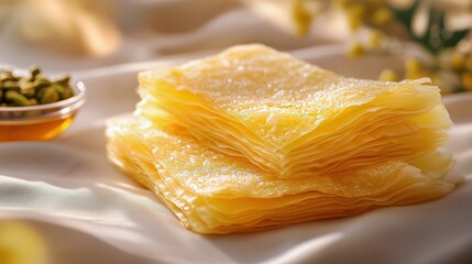delicate golden phyllo dough sheets stacked with light honey glaze