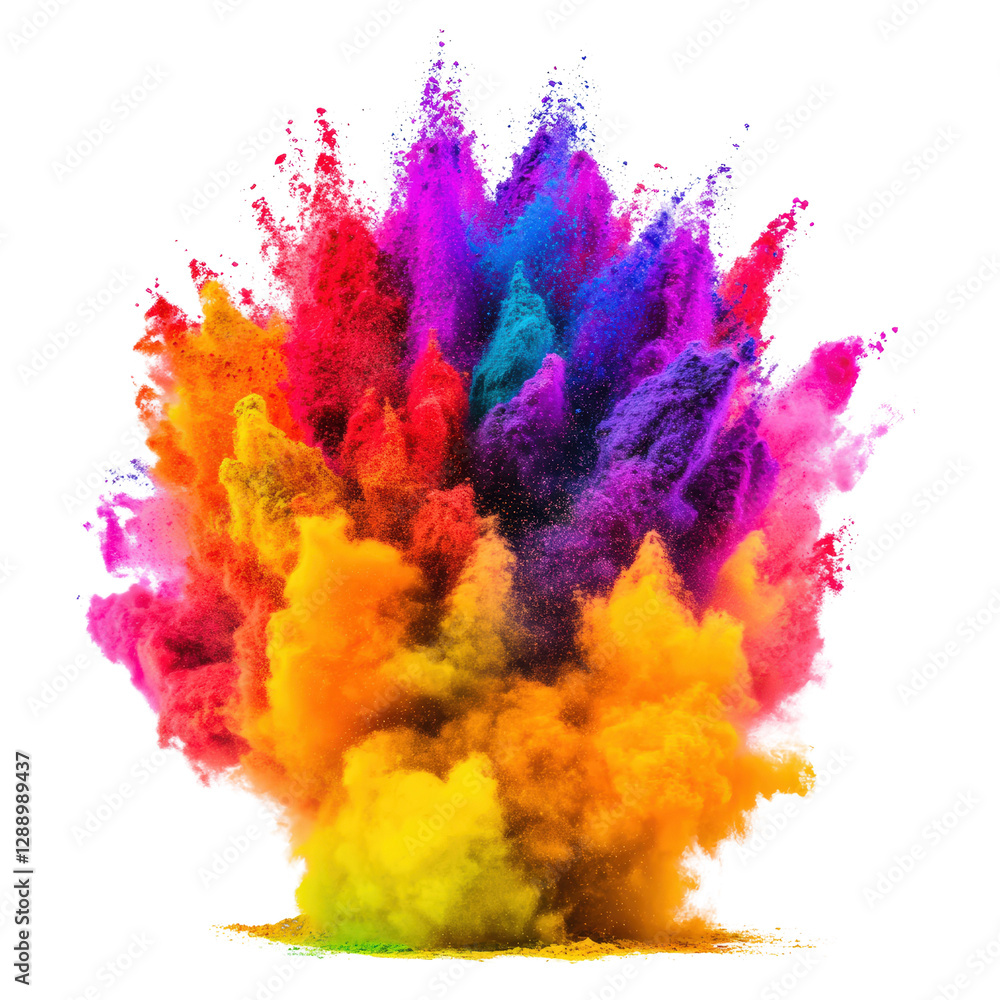 Poster colorful powder explosion isolated on white background for creative design and artistic use isolated