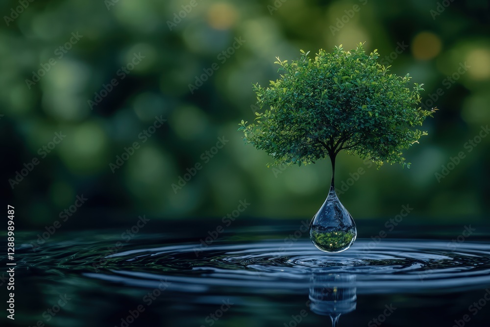 Poster symbolic representation of a tree growing from a drop of water in serene surroundings