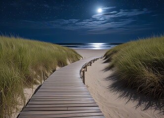 A serene night scene at the beach with a full moon glowing brightly over the calm ocean