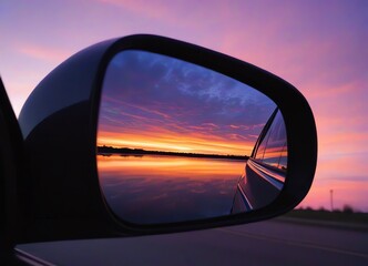 Fototapeta premium A serene sunset reflection in a car side mirror