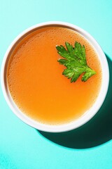 Bright orange soup in white bowl garnished with fresh green cila