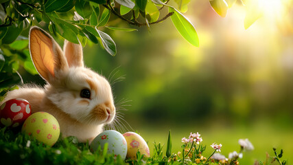 Adorable bunny with colorful easter eggs in a lush garden setting