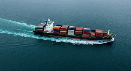 Fototapeta premium Aerial view of a large container ship sailing on a deep blue ocean, carrying numerous colorful cargo containers. The vessel creates a wake as it moves.
