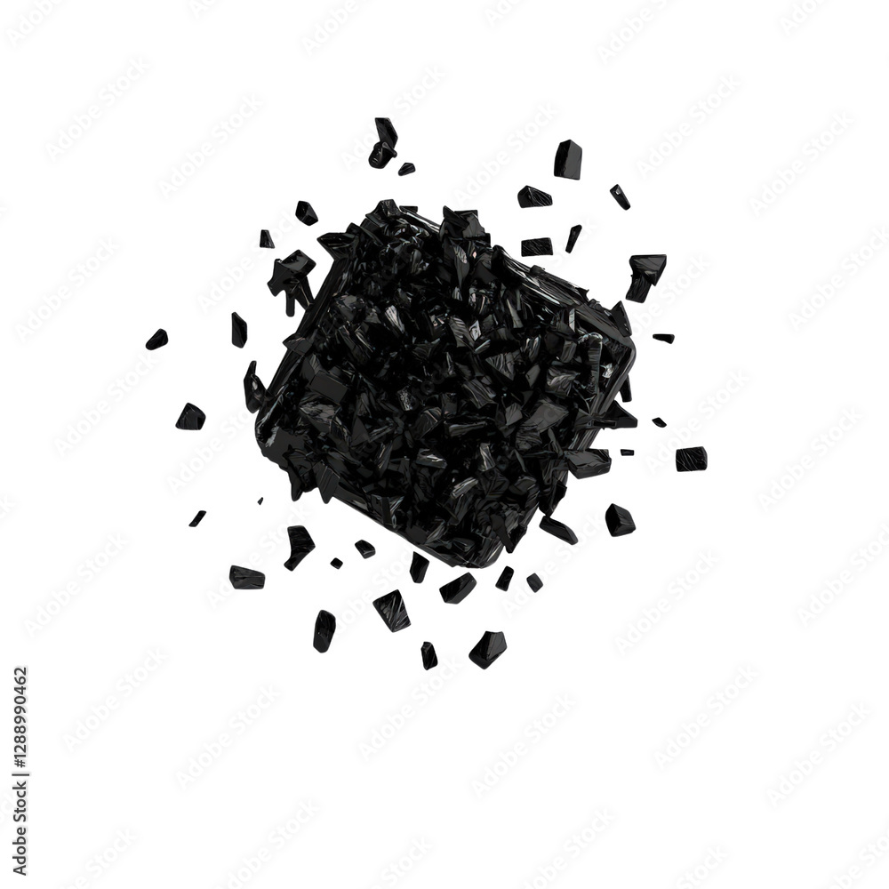 Poster pile of black glass shards scattered on a dark black background creating an abstract textured surfac