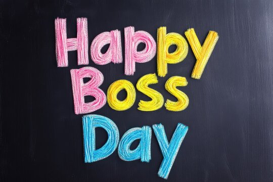 Celebrating Boss Day with vibrant colorful letters on a black background expressing appreciation for leadership
